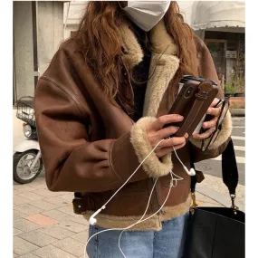 Joskaa Thickened Fur Stitching Warm Loose Lapel Zipper Coffee Brown Motorcycle Leather Coat for Women