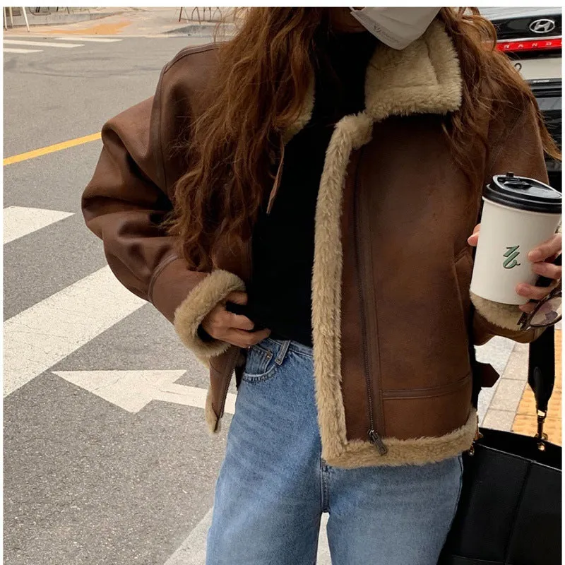 Joskaa Thickened Fur Stitching Warm Loose Lapel Zipper Coffee Brown Motorcycle Leather Coat for Women