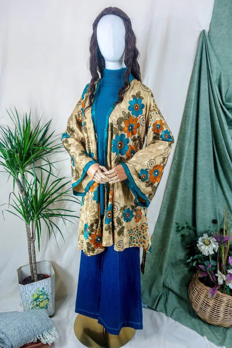 Karina Kimono Jacket - Vintage Sari - Golden, Rust & Teal Daisies - Free Size S/M