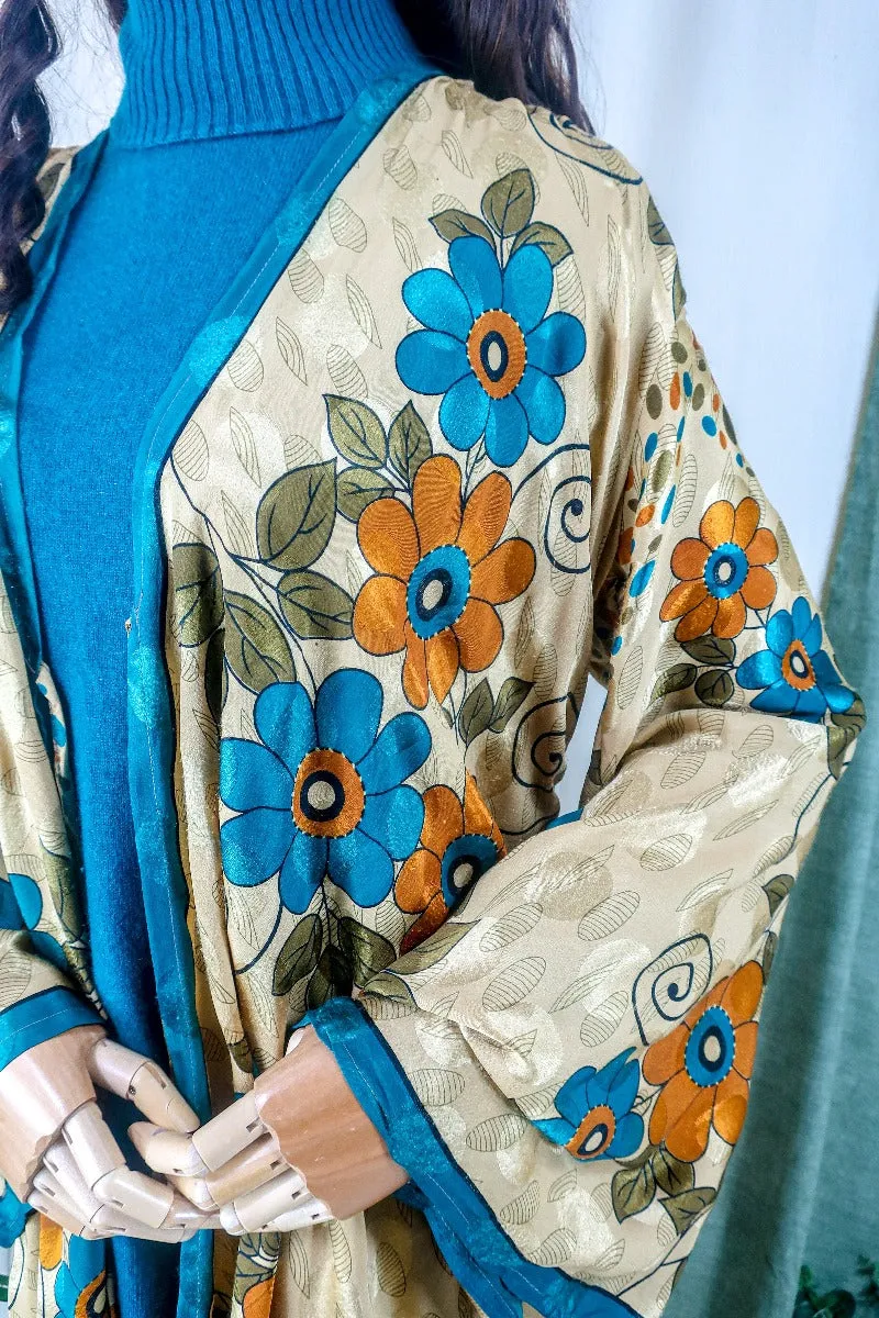 Karina Kimono Jacket - Vintage Sari - Golden, Rust & Teal Daisies - Free Size S/M