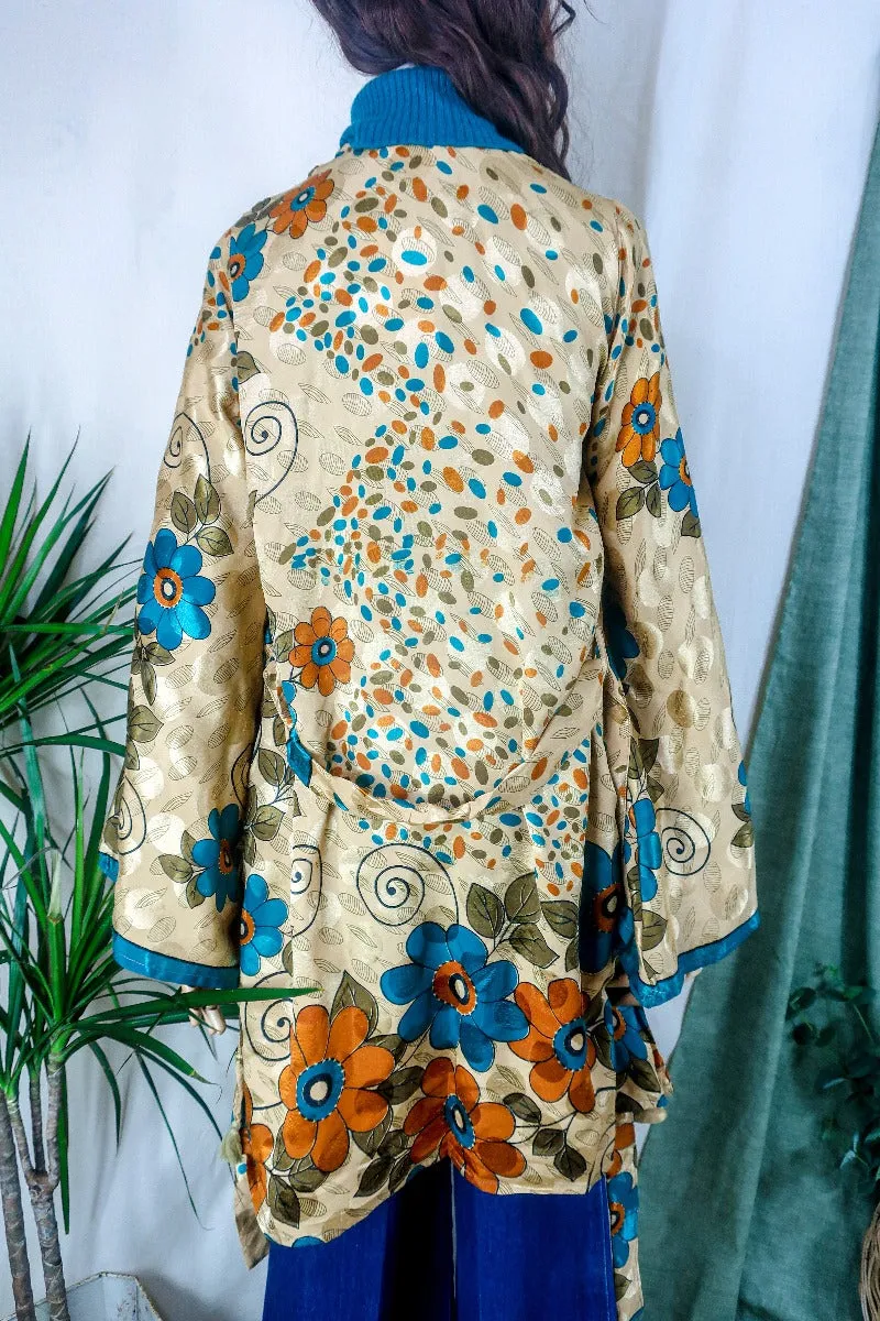 Karina Kimono Jacket - Vintage Sari - Golden, Rust & Teal Daisies - Free Size S/M