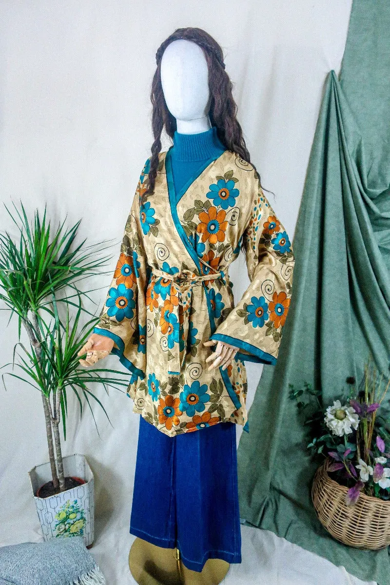 Karina Kimono Jacket - Vintage Sari - Golden, Rust & Teal Daisies - Free Size S/M