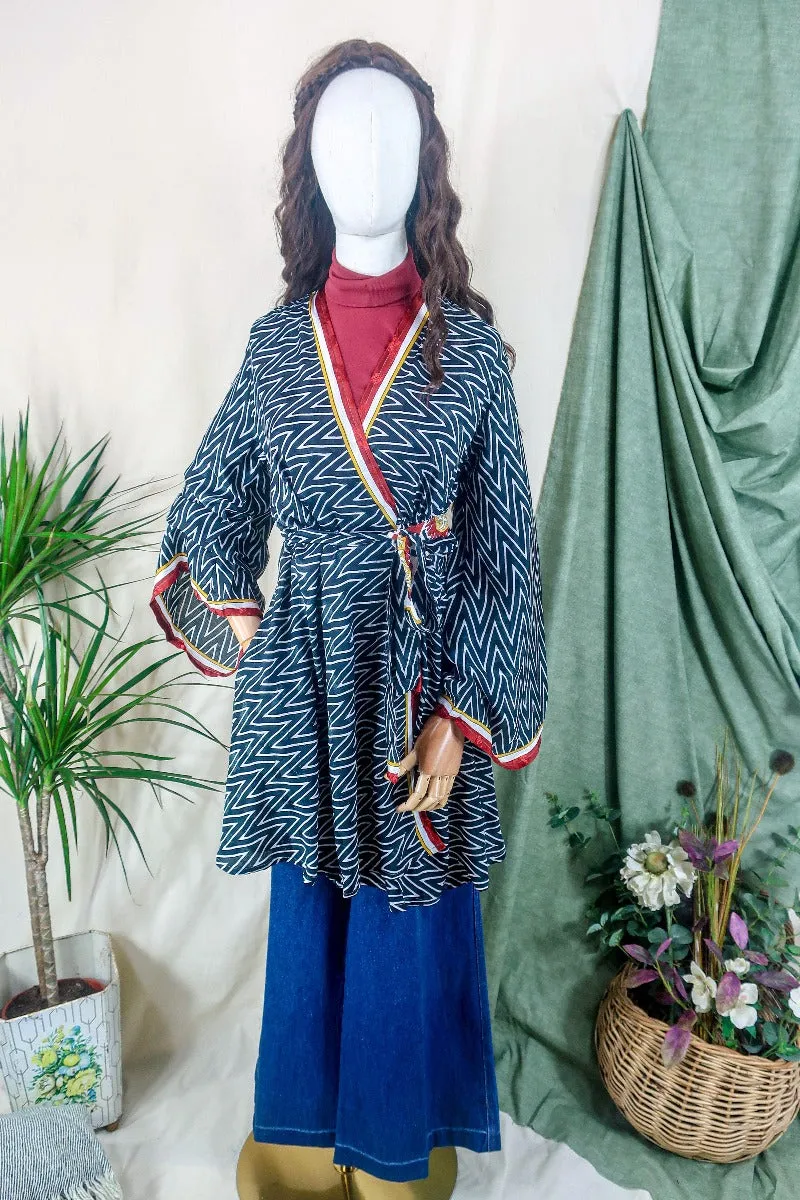 Karina Kimono Jacket - Vintage Sari - Midnight Chevron & Red Paisley - Free Size S/M