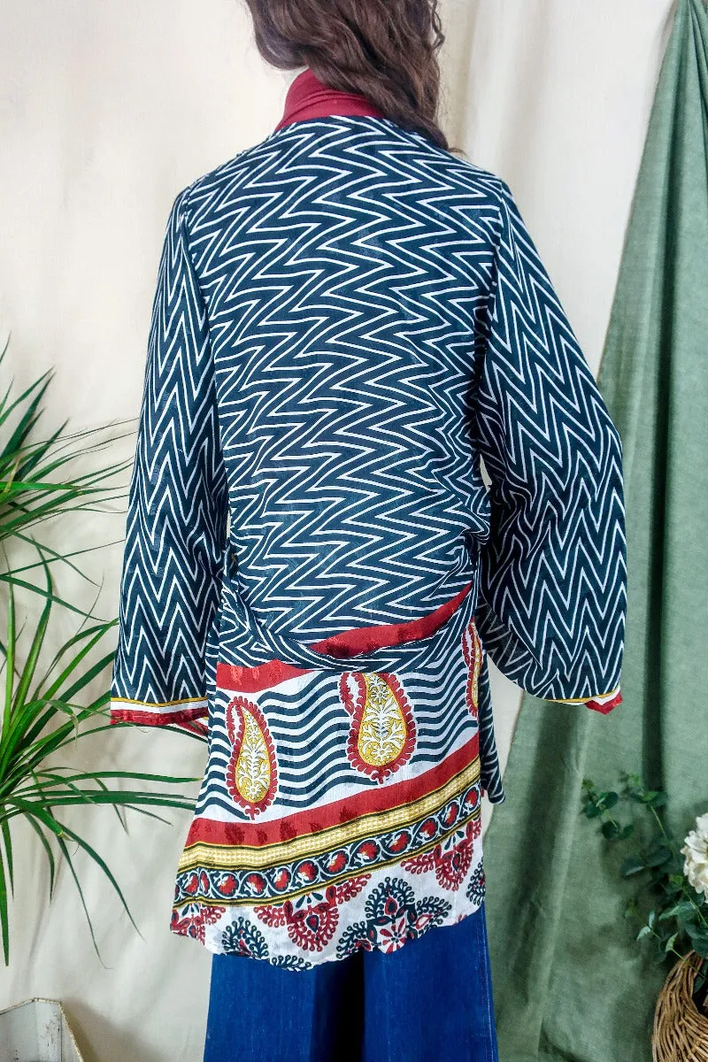 Karina Kimono Jacket - Vintage Sari - Midnight Chevron & Red Paisley - Free Size S/M