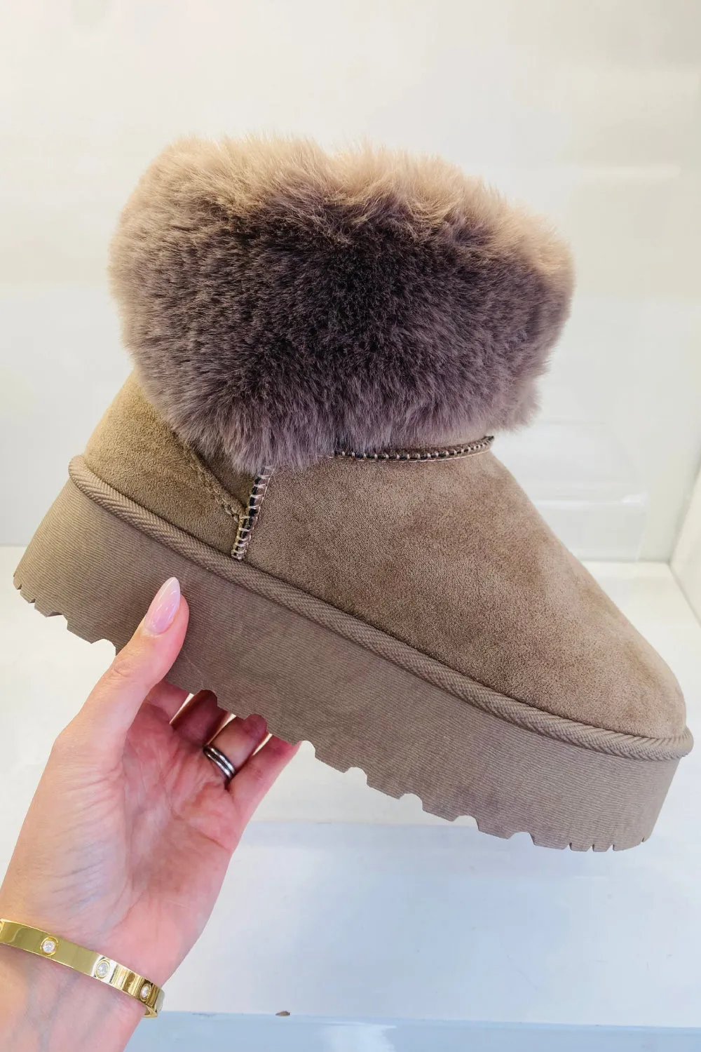 KHAKI FAUX FUR LINED CHUNKY PLATFORM BOW DETAIL FUR COLLAR ANKLE BOOTS