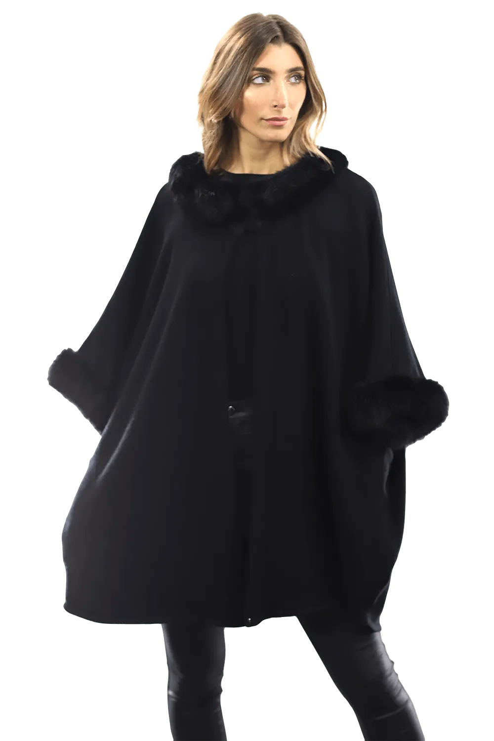 La Fiorentina Fur Trimmed Collar/Cuffs Poncho