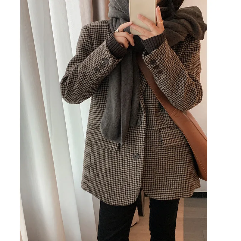 Lanfubeisi tyler the creator outfits Brown Houndstooth Woolen Suit Jacket for Women Autumn and Winter Korean Style Loose Lazy Woolen Coat