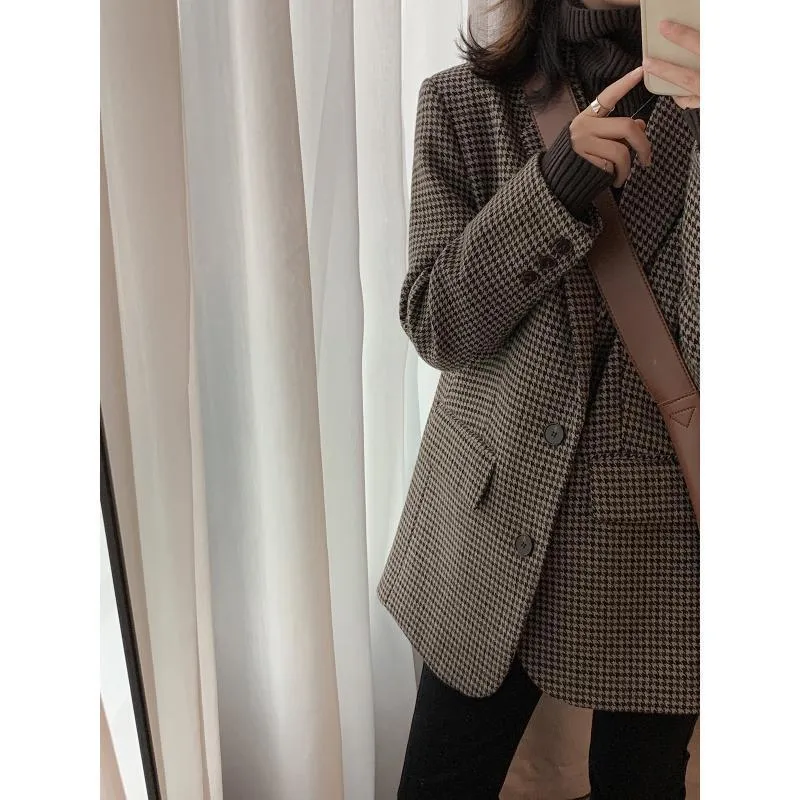 Lanfubeisi tyler the creator outfits Brown Houndstooth Woolen Suit Jacket for Women Autumn and Winter Korean Style Loose Lazy Woolen Coat