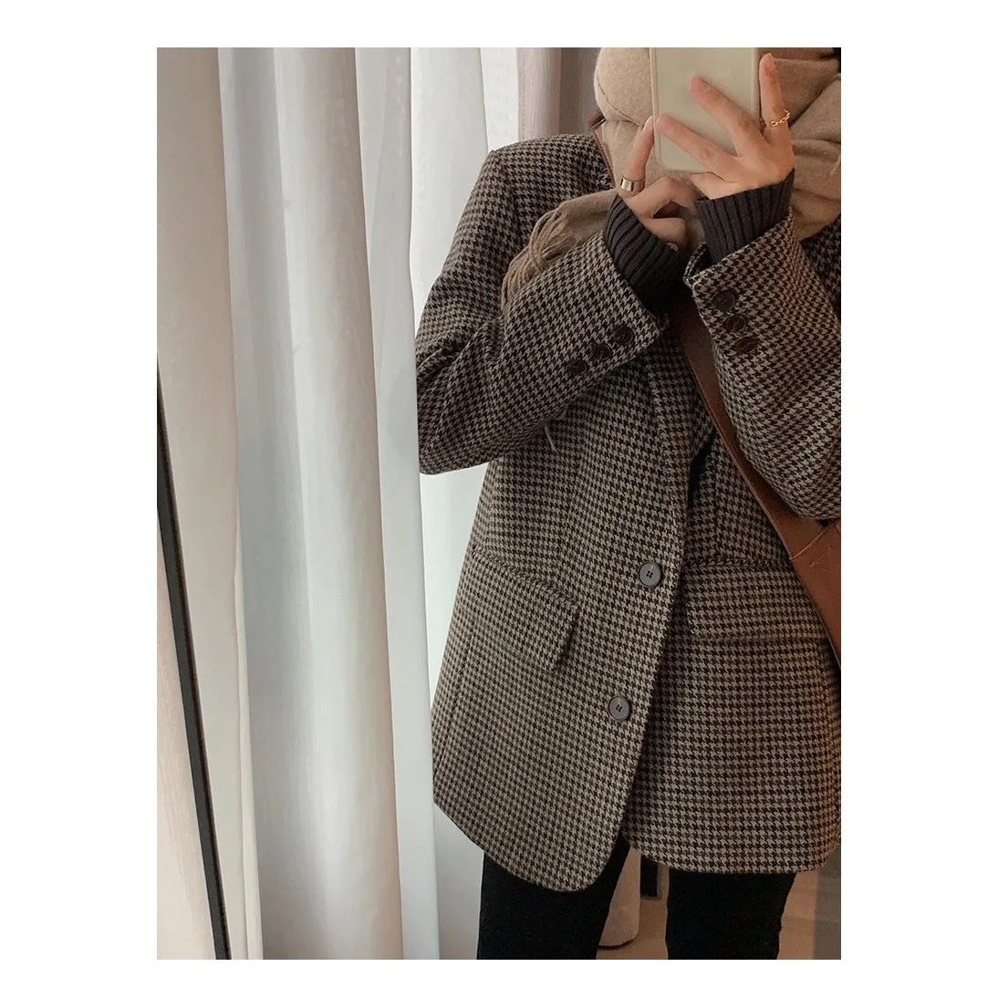 Lanfubeisi tyler the creator outfits Brown Houndstooth Woolen Suit Jacket for Women Autumn and Winter Korean Style Loose Lazy Woolen Coat