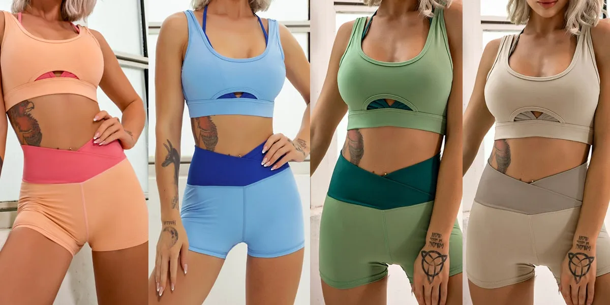 Layered Look Long Sleeve Yoga Crop Top Wrap V Waist Leggings Layered Cut Out Sports Bra Contrast Waist Shorts