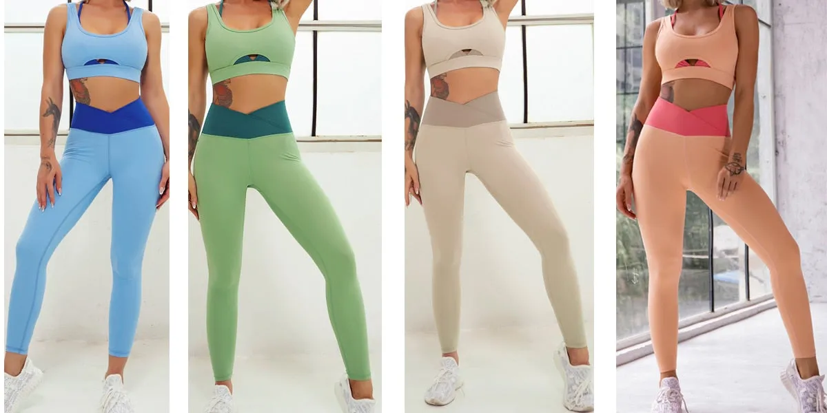 Layered Look Long Sleeve Yoga Crop Top Wrap V Waist Leggings Layered Cut Out Sports Bra Contrast Waist Shorts