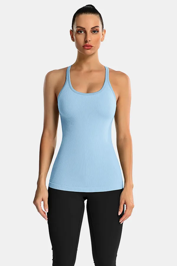 Light Blue Racerback Scoop Neck Athletic Top Hip Length Ribbed Workout Tank Tops