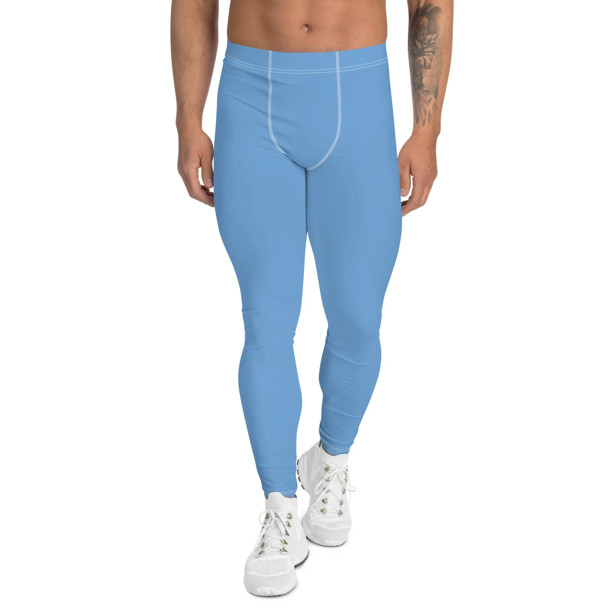 Light Solid Blue Color Meggings, Modern Solid Light Blue Color Designer Spandex Men's Tights/Leggings- Made in USA/ MX/ EU