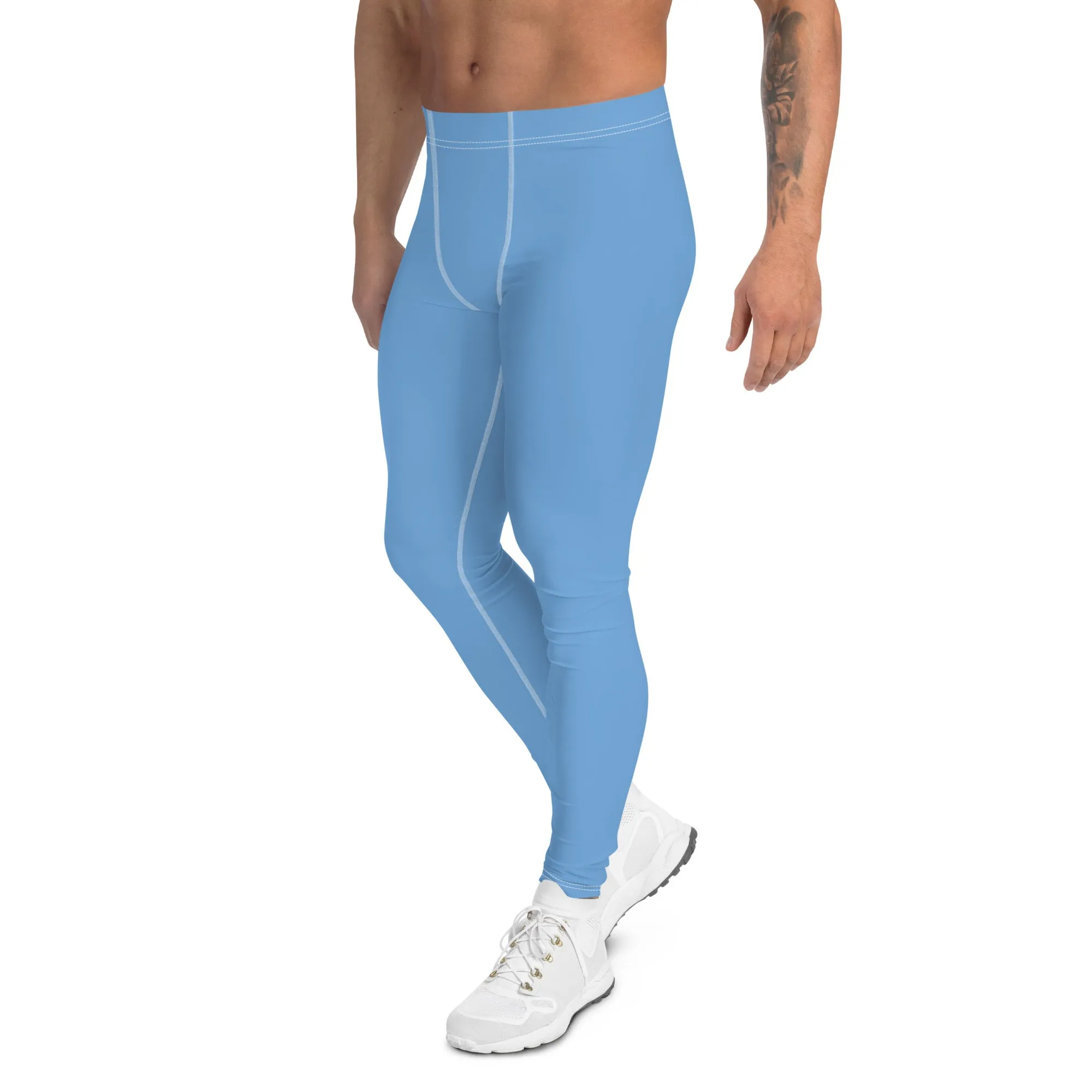 Light Solid Blue Color Meggings, Modern Solid Light Blue Color Designer Spandex Men's Tights/Leggings- Made in USA/ MX/ EU