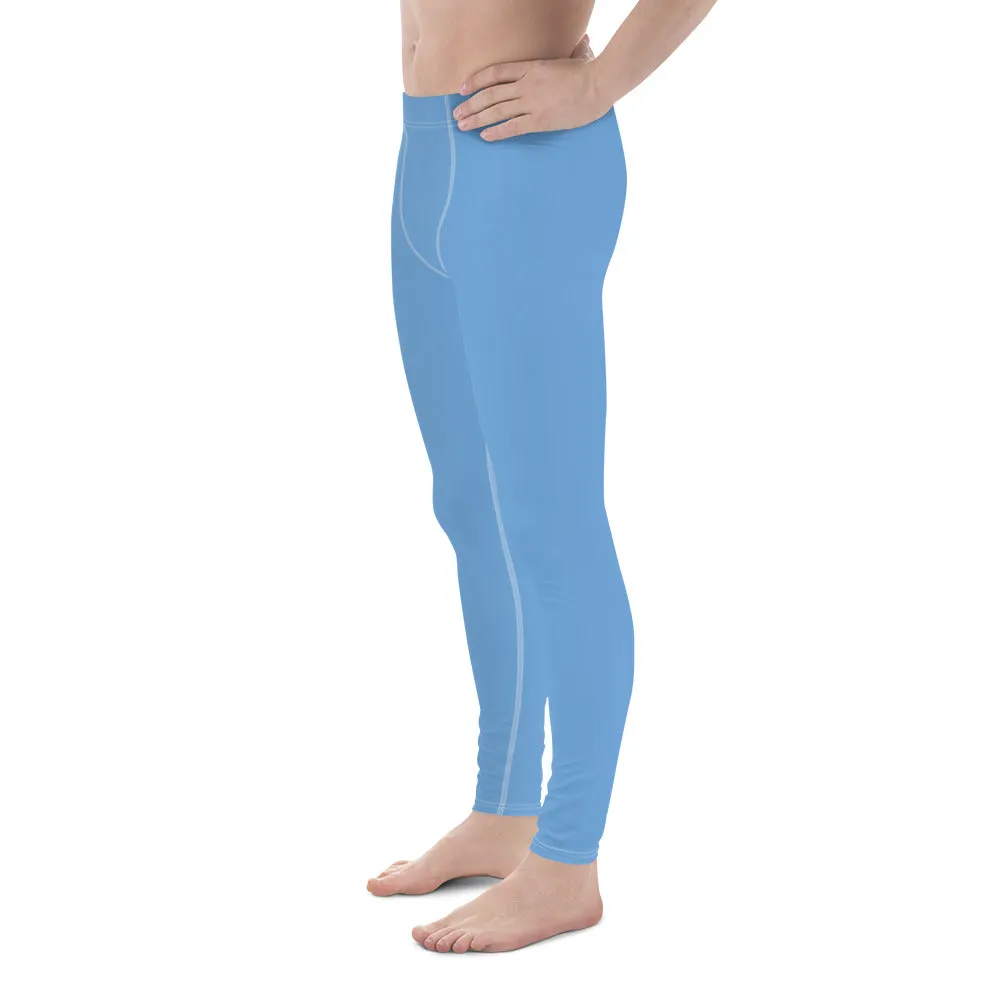 Light Solid Blue Color Meggings, Modern Solid Light Blue Color Designer Spandex Men's Tights/Leggings- Made in USA/ MX/ EU