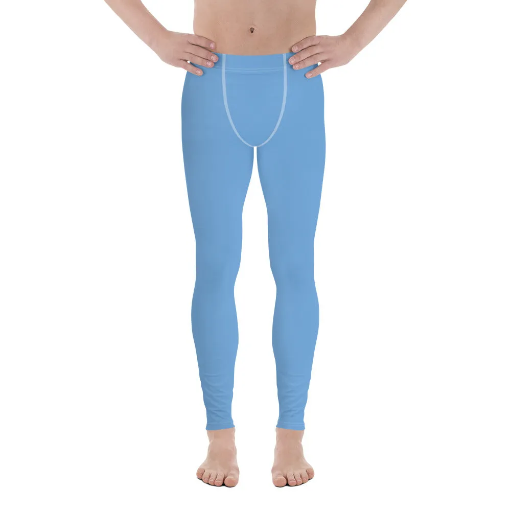 Light Solid Blue Color Meggings, Modern Solid Light Blue Color Designer Spandex Men's Tights/Leggings- Made in USA/ MX/ EU