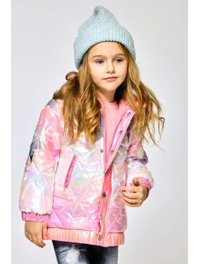 Little l Big Girl Pink Iridescent Star Print Mock Puffer Coat