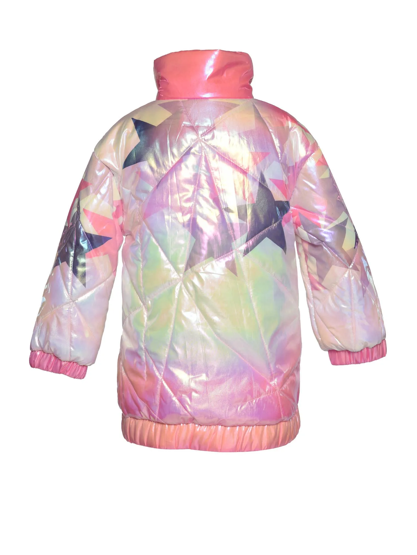 Little l Big Girl Pink Iridescent Star Print Mock Puffer Coat