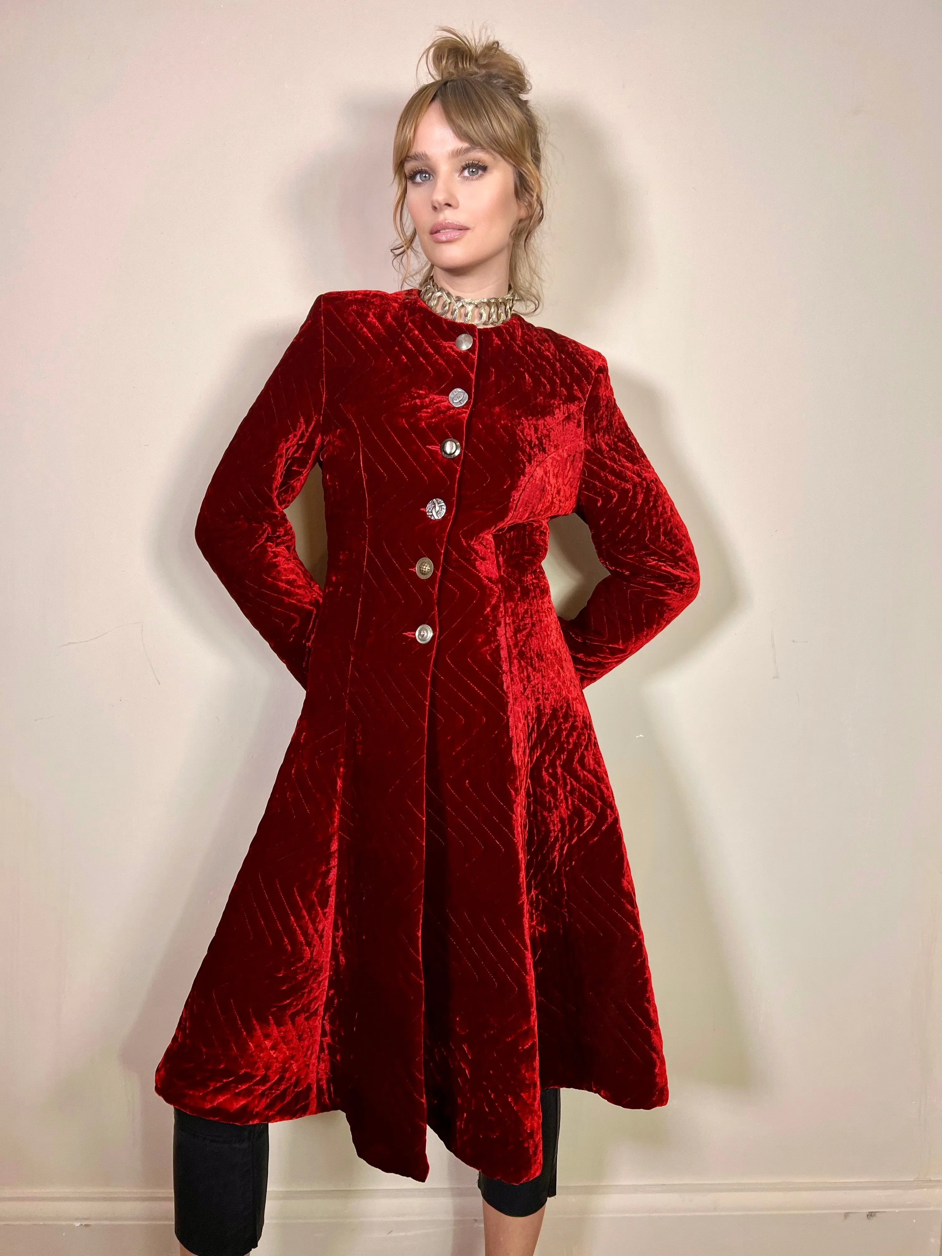 Lola, vintage quilted ruby red velvet coat