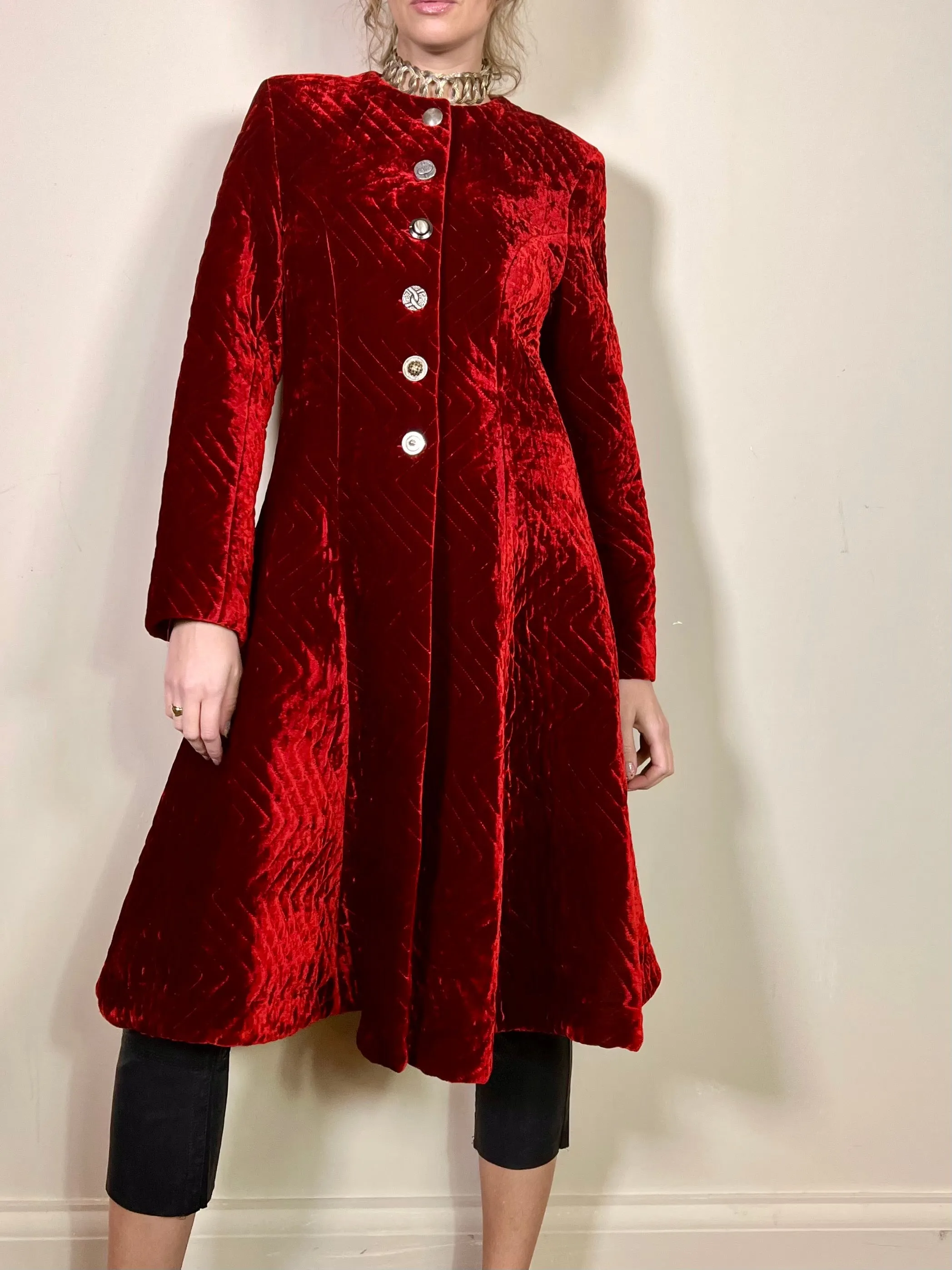 Lola, vintage quilted ruby red velvet coat