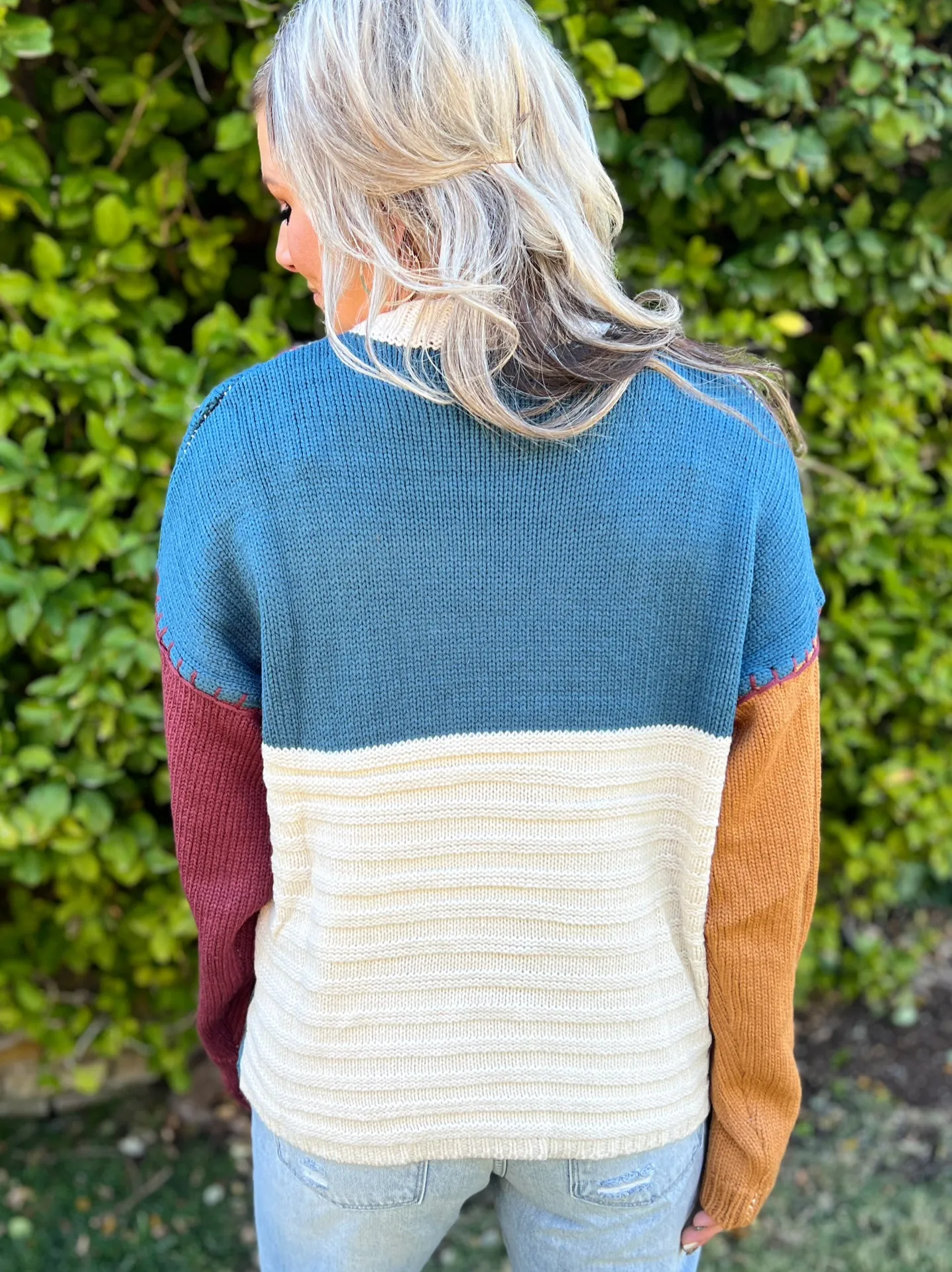 Long Sleeve Knit Color Block Sweater Top