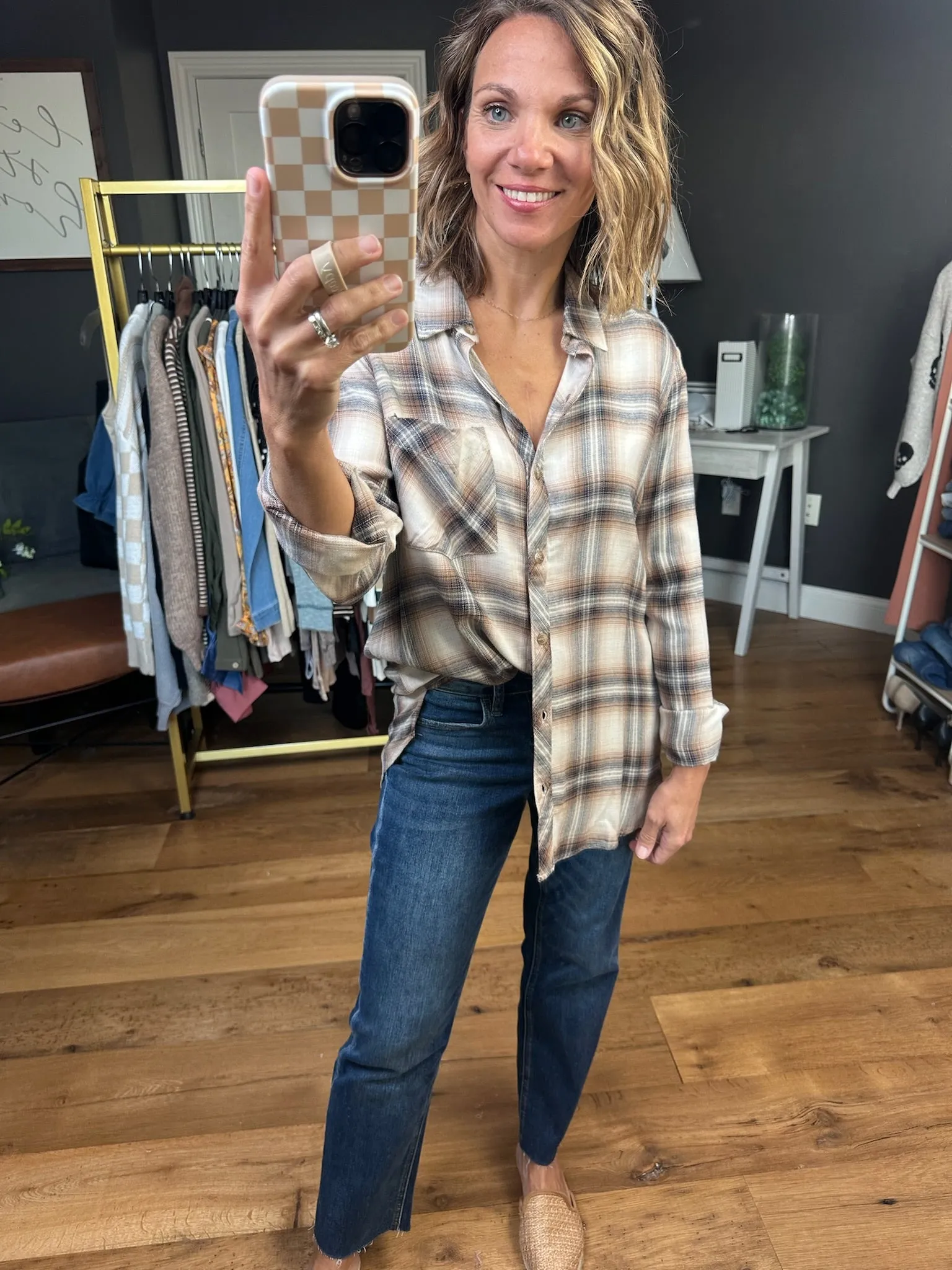 Looking After Me Plaid Button-Down Top - Chestnut/Navy