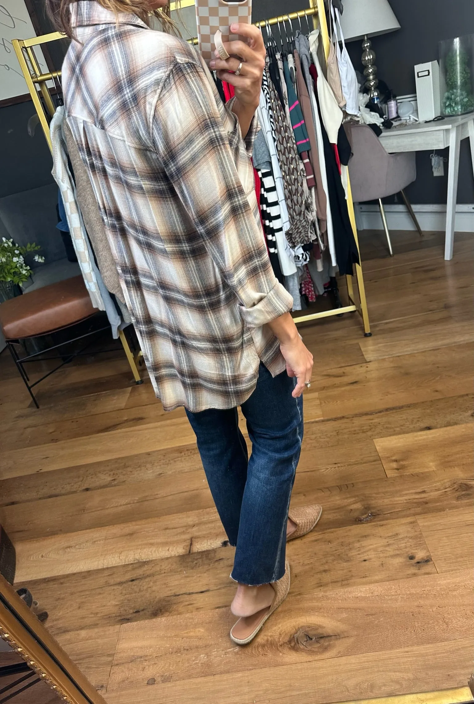 Looking After Me Plaid Button-Down Top - Chestnut/Navy