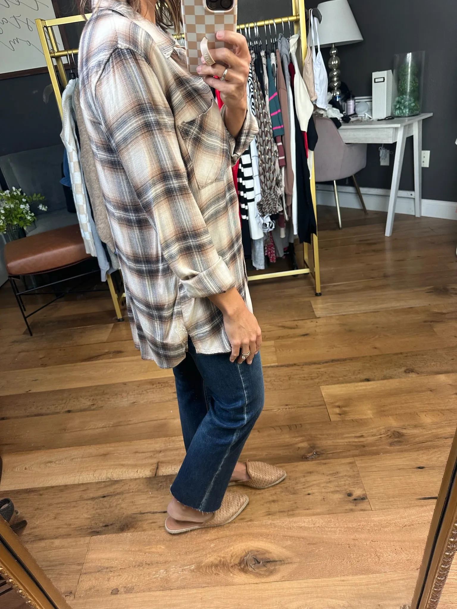 Looking After Me Plaid Button-Down Top - Chestnut/Navy