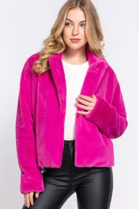 Magenta Long Slv Notched Collar Open Front Faux Fur Jacket