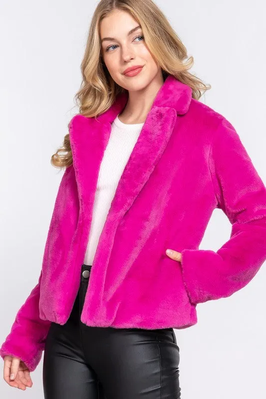 Magenta Long Slv Notched Collar Open Front Faux Fur Jacket