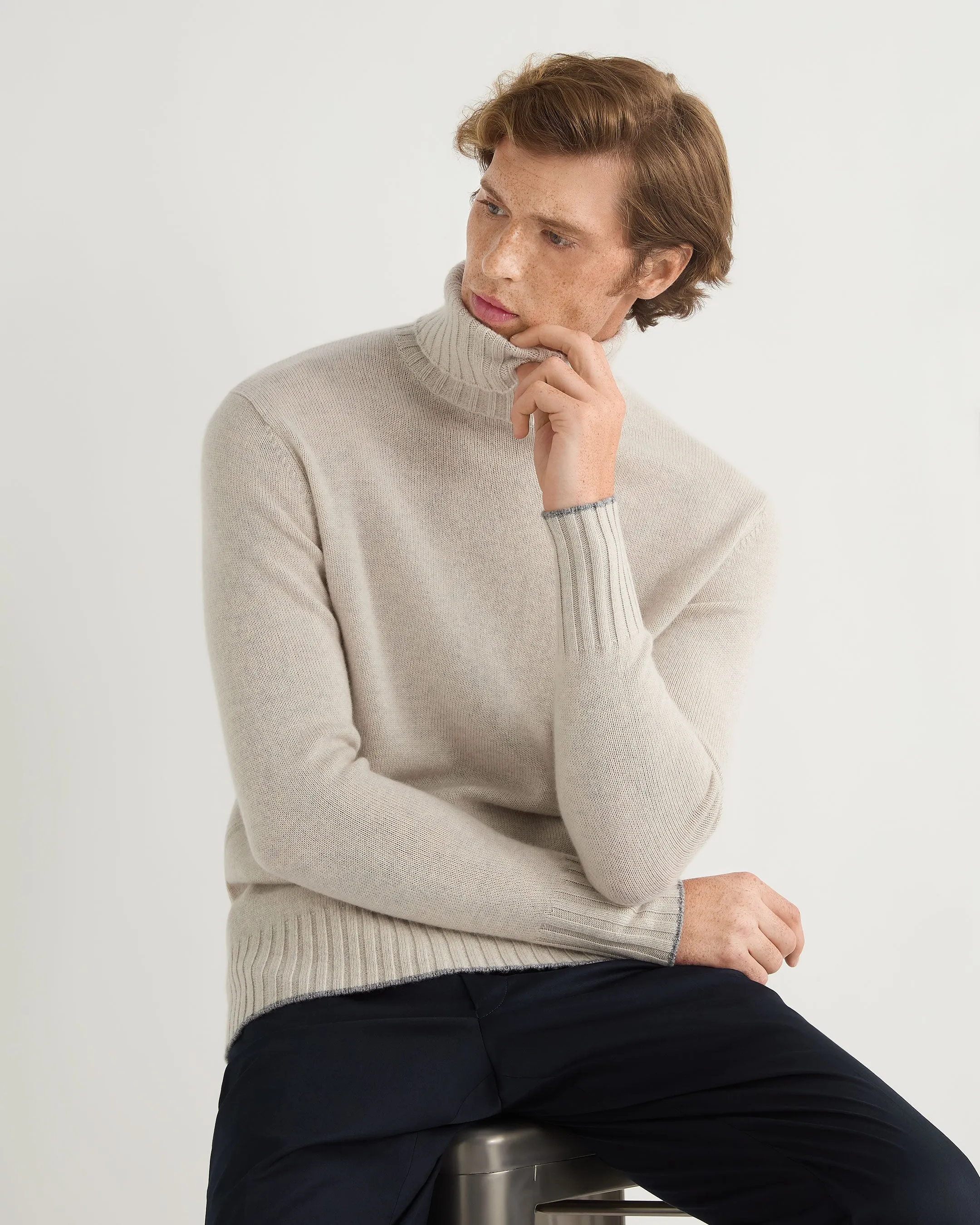 Men's Brompton Roll Neck Cashmere Jumper Pebble Grey