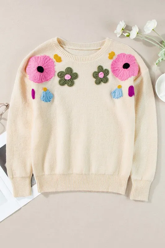 My Everything - Beige Knitted Flower Pattern Ribbed Edge Sweater