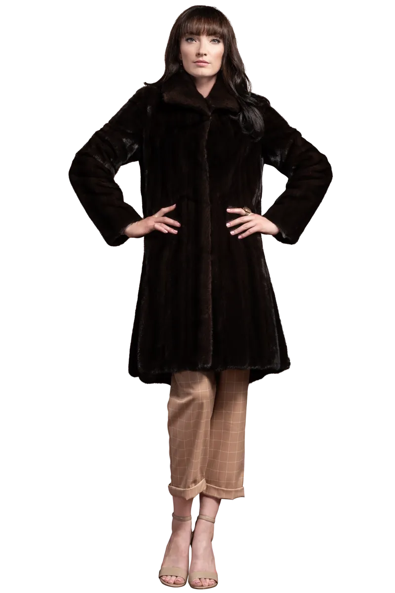 Natural Mid-Length Mink Fur Coat - Wing Collar - Straight Sleeve