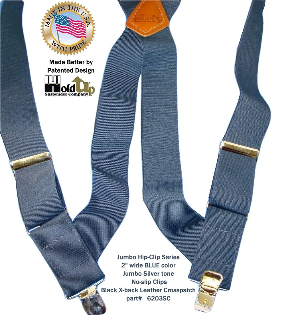 Navy Blue 2" Wide Hip-Clip Suspenders with Patented silver-tone no-slip jumbo clips