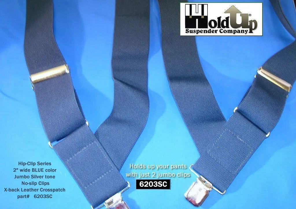 Navy Blue 2" Wide Hip-Clip Suspenders with Patented silver-tone no-slip jumbo clips