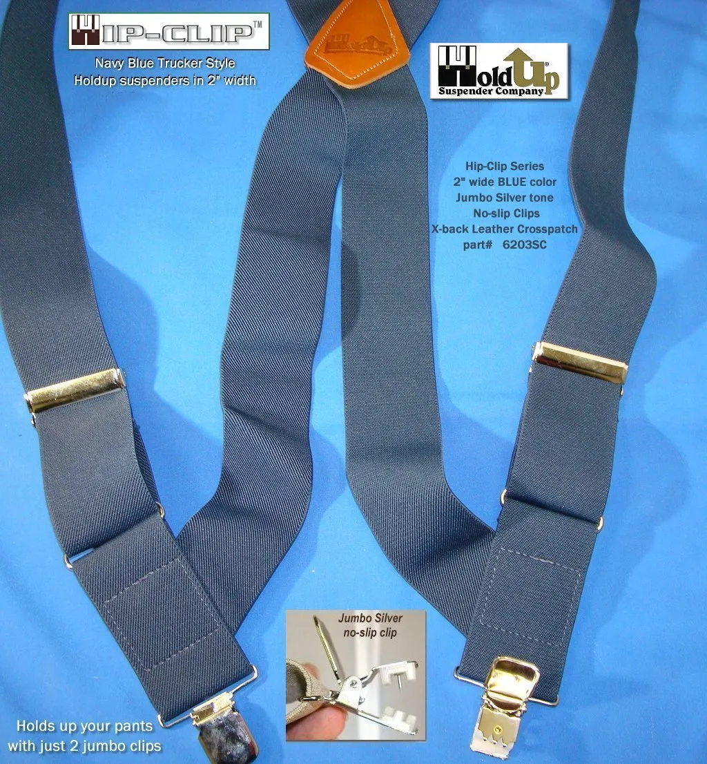 Navy Blue 2" Wide Hip-Clip Suspenders with Patented silver-tone no-slip jumbo clips