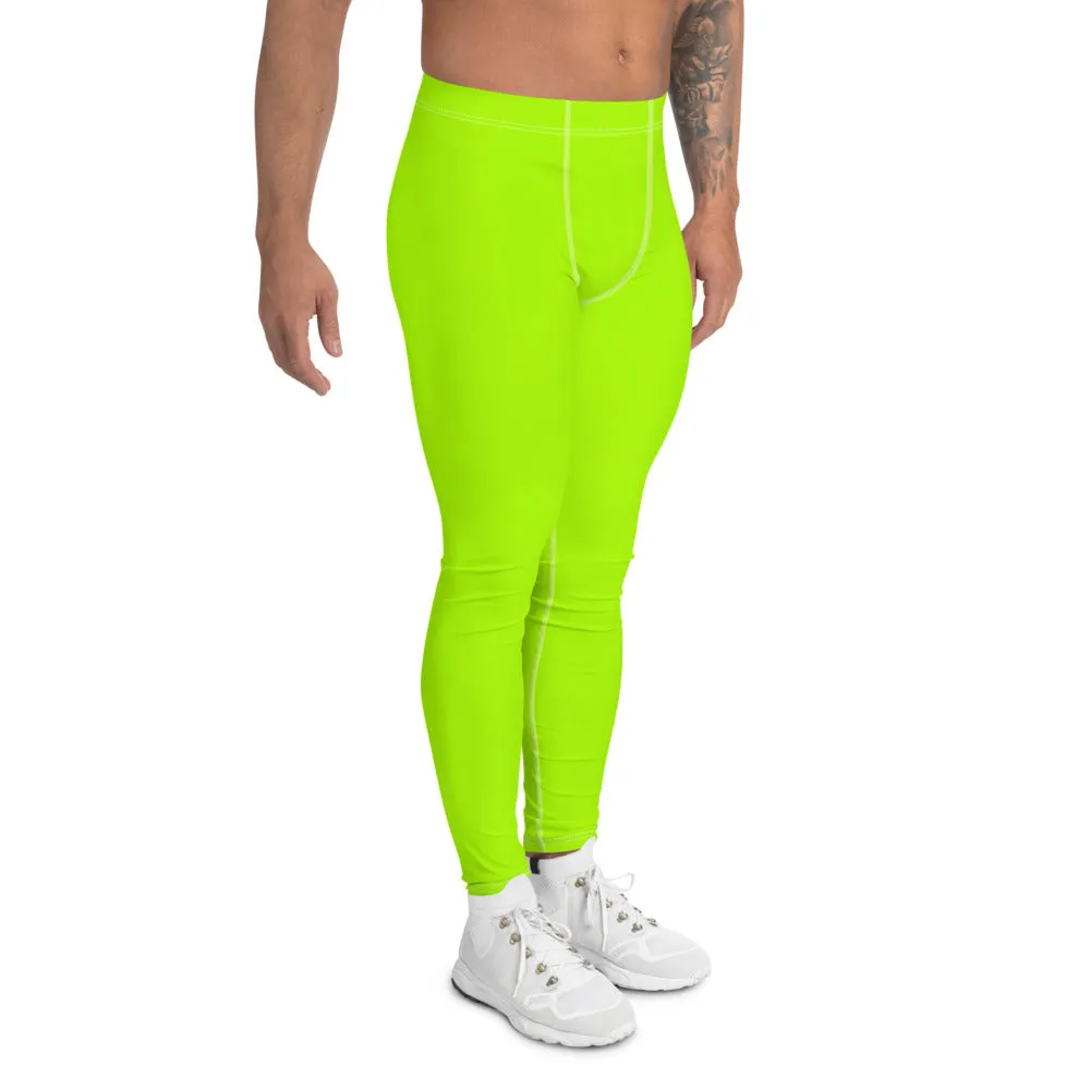 Neon Green Color Men's Leggings, Bright Green Solid Color Designer Premium Fun Rave Meggings Tights-Made in USA/EU/MX