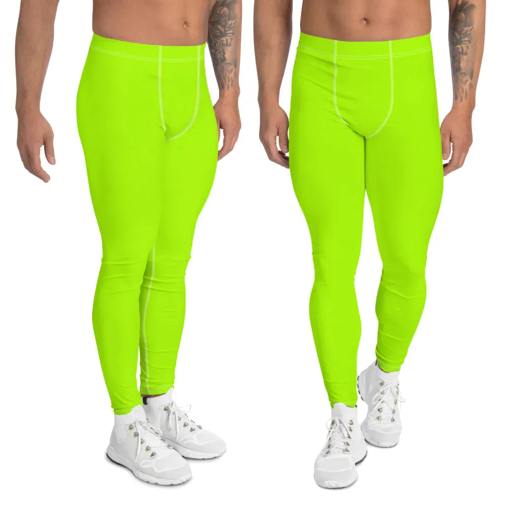 Neon Green Color Men's Leggings, Bright Green Solid Color Designer Premium Fun Rave Meggings Tights-Made in USA/EU/MX