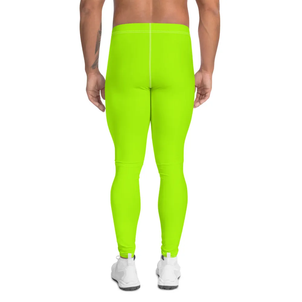 Neon Green Color Men's Leggings, Bright Green Solid Color Designer Premium Fun Rave Meggings Tights-Made in USA/EU/MX