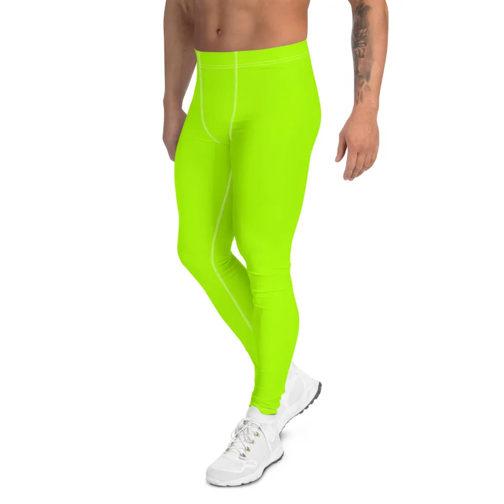 Neon Green Color Men's Leggings, Bright Green Solid Color Designer Premium Fun Rave Meggings Tights-Made in USA/EU/MX