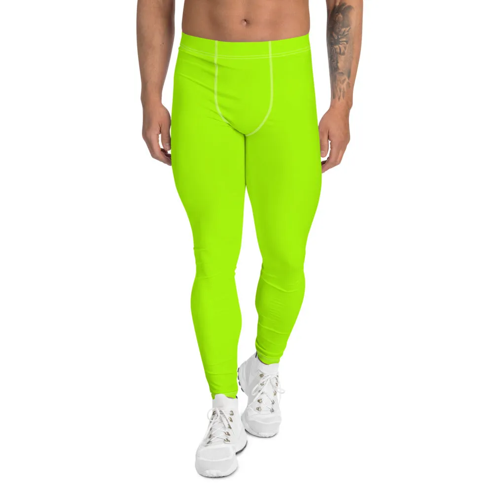 Neon Green Color Men's Leggings, Bright Green Solid Color Designer Premium Fun Rave Meggings Tights-Made in USA/EU/MX