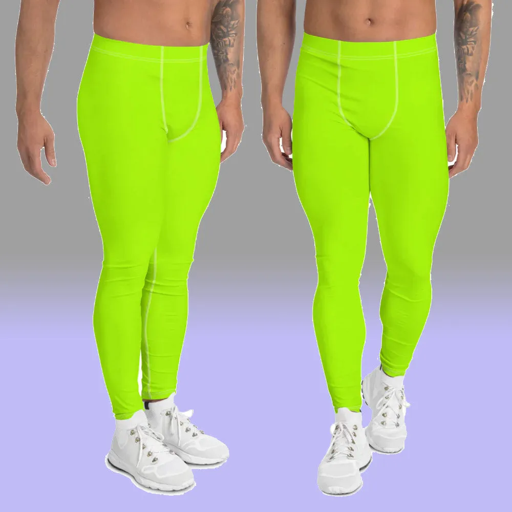 Neon Green Color Men's Leggings, Bright Green Solid Color Designer Premium Fun Rave Meggings Tights-Made in USA/EU/MX