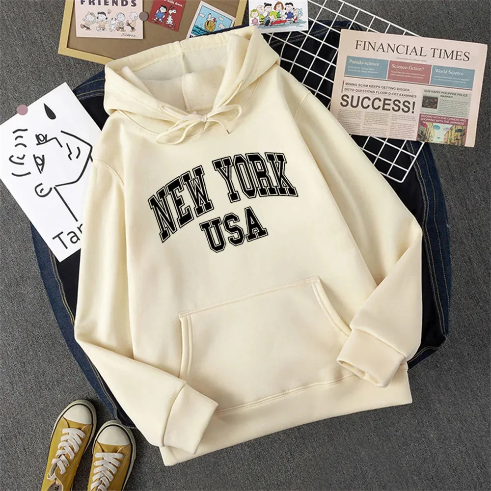 NEW YORK USA Women Hoody Street Casual Loose Sweatshirt Autumn Fleece Hooded Hip Hop O-Neck Clothing Female