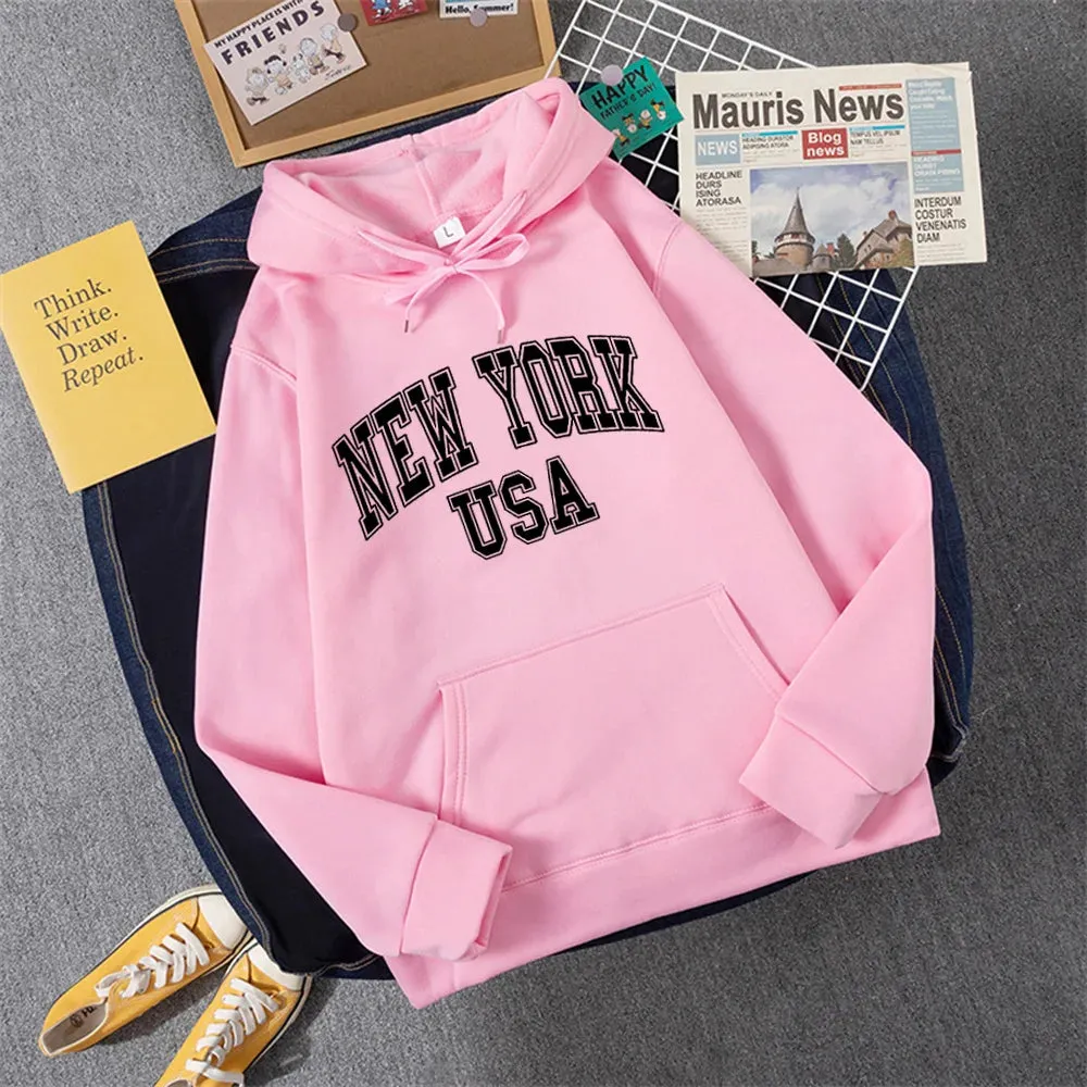 NEW YORK USA Women Hoody Street Casual Loose Sweatshirt Autumn Fleece Hooded Hip Hop O-Neck Clothing Female