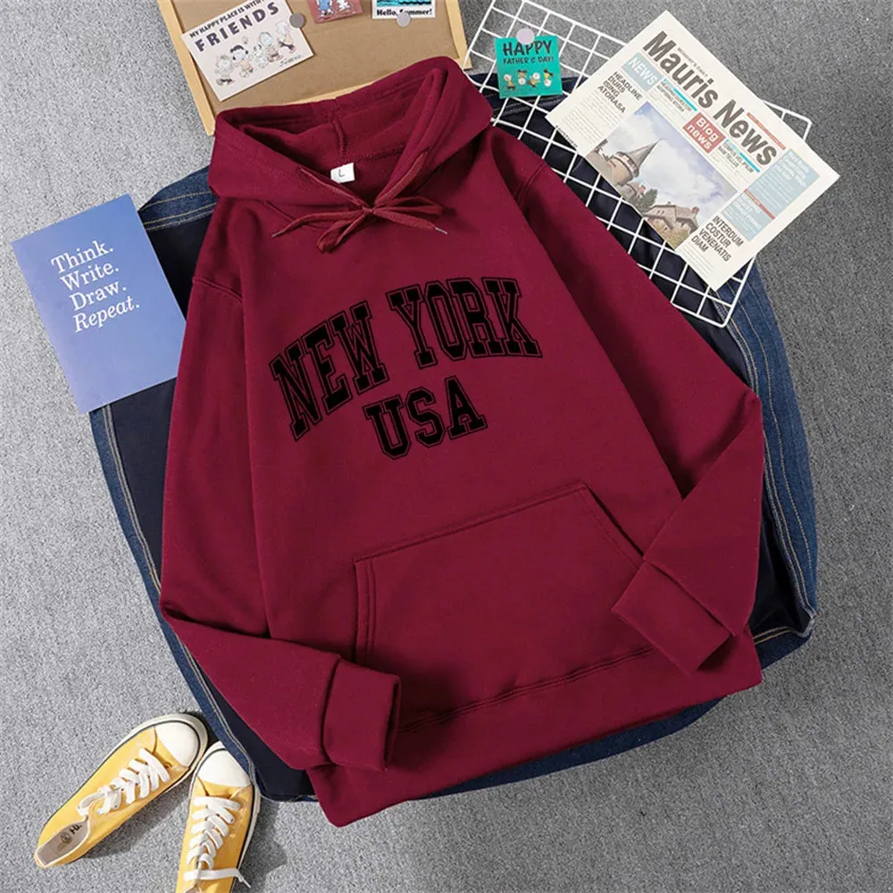 NEW YORK USA Women Hoody Street Casual Loose Sweatshirt Autumn Fleece Hooded Hip Hop O-Neck Clothing Female