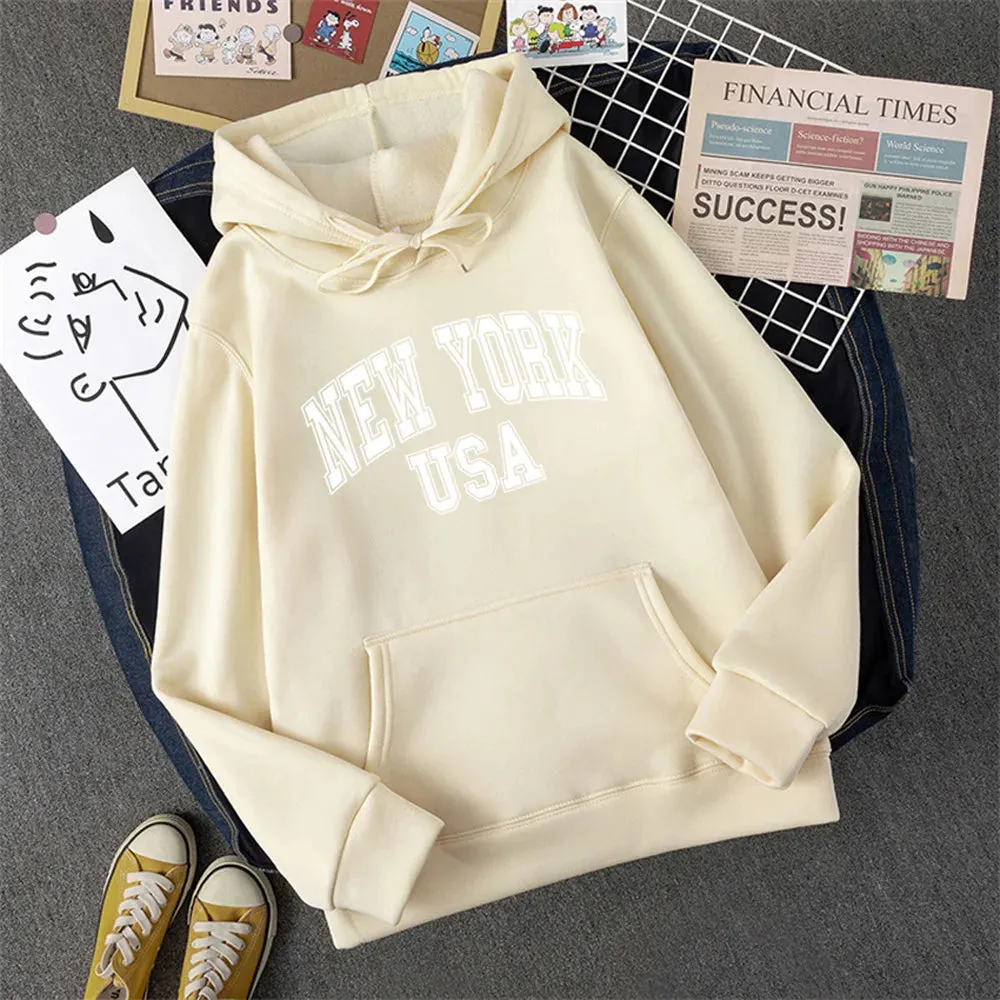 NEW YORK USA Women Hoody Street Casual Loose Sweatshirt Autumn Fleece Hooded Hip Hop O-Neck Clothing Female