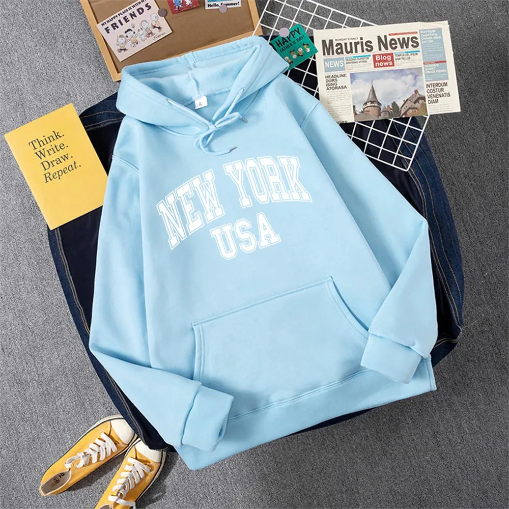 NEW YORK USA Women Hoody Street Casual Loose Sweatshirt Autumn Fleece Hooded Hip Hop O-Neck Clothing Female