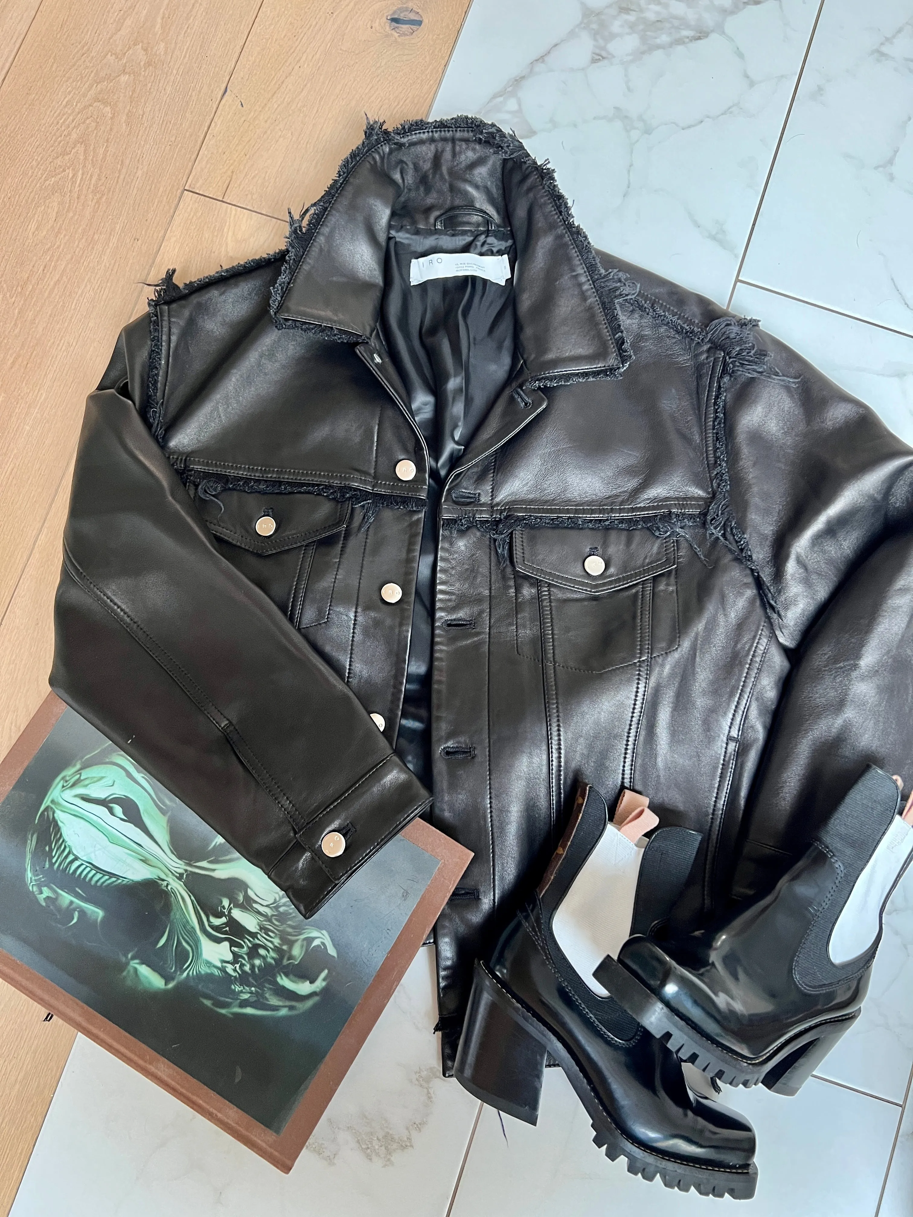 Oversized Black Leather Jacket - S/M