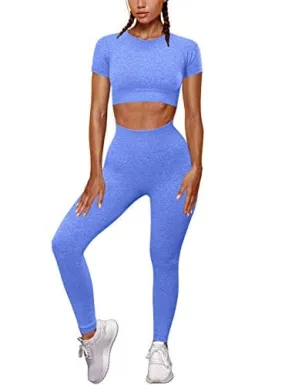 OYS Womens Yoga 2 Pieces Workout Outfits Seamless High Waist leggings Sports Crop Top Running Sets Blue