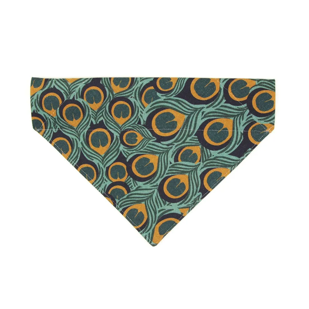 Pet Bandana - "Peacock" - Art Nouveau Teal & Gold Bandana for Cat   Small Dog / Art Deco, Fall, Feathers / Slide-on Bandana / Over-the-Collar (One Size)